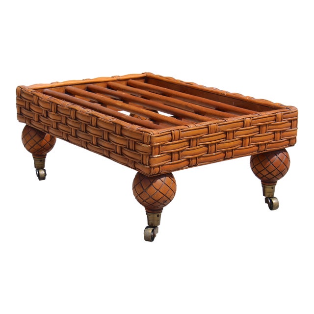 Vintage Rattan Coffee Table / Ottoman Base – Boho Coastal Charm on Casters For Sale