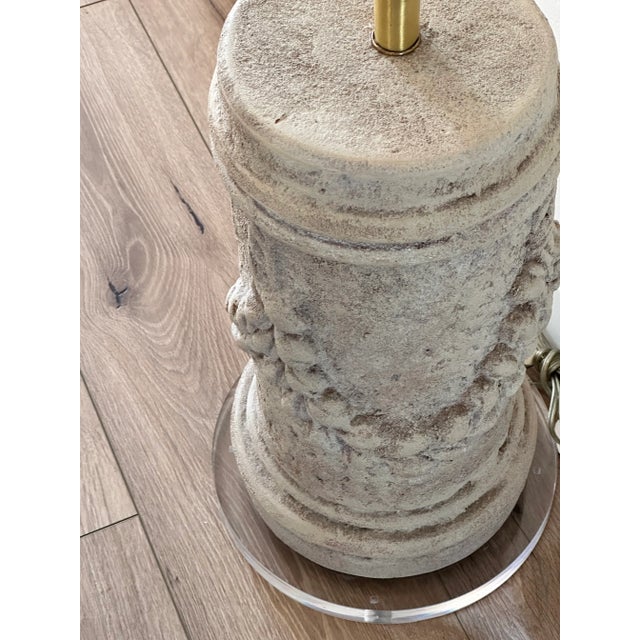 Beige Cast Stone Column Table Lamps on Lucite Base – Sculptural Architectural Lighting, 33″ For Sale - Image 8 of 12
