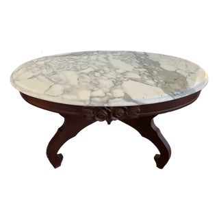 Mid 20th Century French Provincial Style Oval Marble-Top Coffee Table | Italian Marble | Carved Rose Appliqué | X-Stretcher Base For Sale