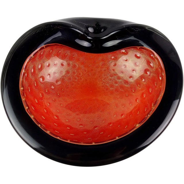 Vintage Murano Barbini Black Orange Gold Flecks Italian Art Glass Mid Century Decorative Bowl For Sale In Orlando - Image 6 of 6