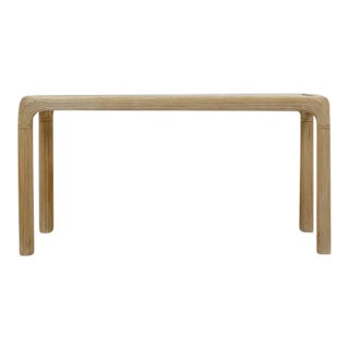 Vintage Console Table Lightwash Pencil Reed Glass Top Coastal Boho MCM For Sale