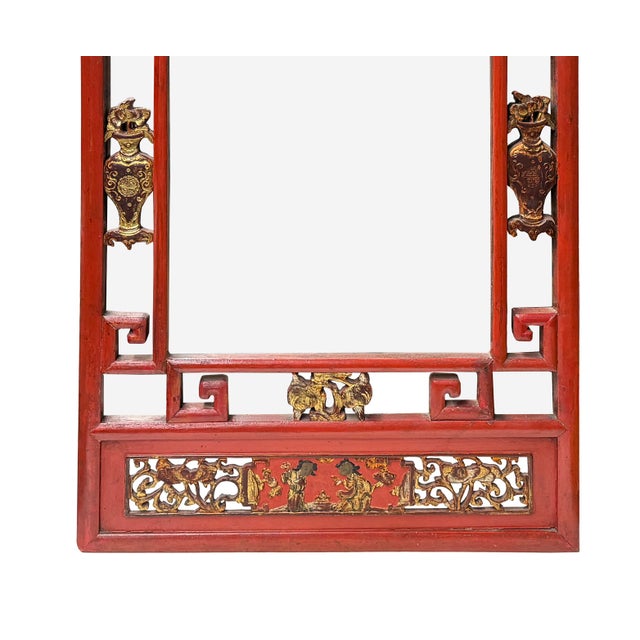 Vintage Red Gold Carving Rectangular Wood Framed Mirror For Sale - Image 4 of 12