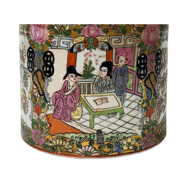Ceramic Vintage Chinese Enamel Figural Ground Canton Porcelain Round Container Jar For Sale - Image 7 of 11