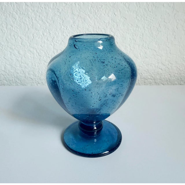 Ink Blue Vintage Biot France Bubble Glass Footed Bud Vase For Sale - Image 8 of 8