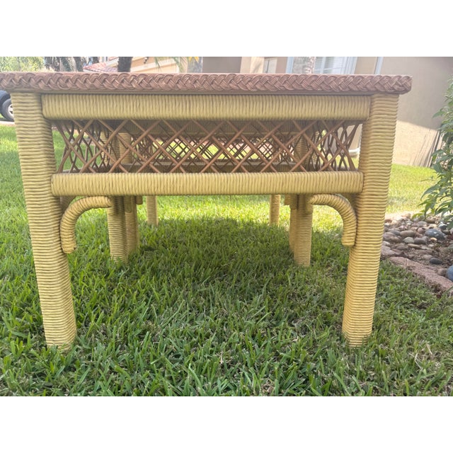 Hollywood Regency Pair of Vintage Henry Link Wicker End Tables With Glass Tops - Lexington Furniture For Sale - Image 3 of 11