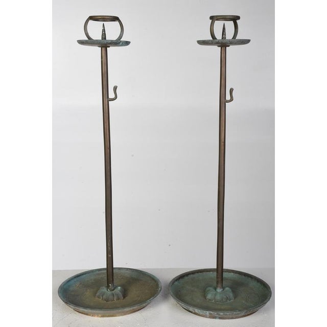 18th Century Japanese Bronze Metal Tall Candlesticks 19th Century Antique Vintage Tall For Sale - Image 5 of 9