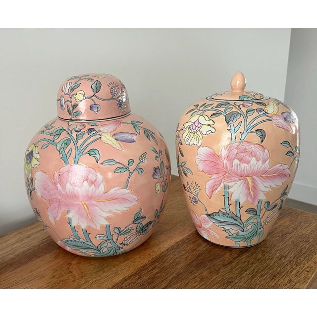 1980s Palm Beach Peach Pair of Floral Ginger Jars For Sale - Image 11 of 11