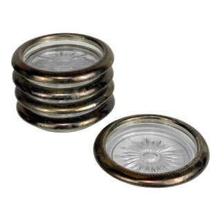 Vintage Victorian Italian Silverplate Glass Sunburst Drink Coasters - Set of 5 For Sale