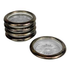 Vintage Victorian Italian Silverplate Glass Sunburst Drink Coasters - Set of 5