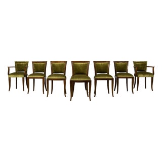 Set of 8 1930s French Art Deco Maple Dining Chairs in Olive Green Velvet For Sale