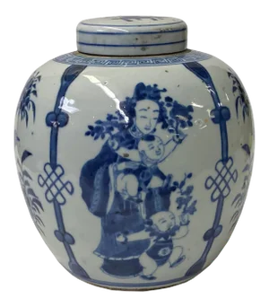 Hand-Paint Family Graphic Blue White Porcelain Ginger Jar
