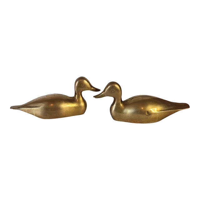 Pair of Vintage Brass Duck Decoy Figurines or Bookends 9" For Sale