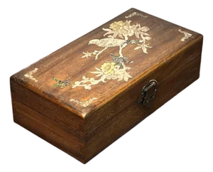 Vintage Chinese Hardwood Mother-of-Pearl Inlaid "Bird & Peony" Jewelry Box