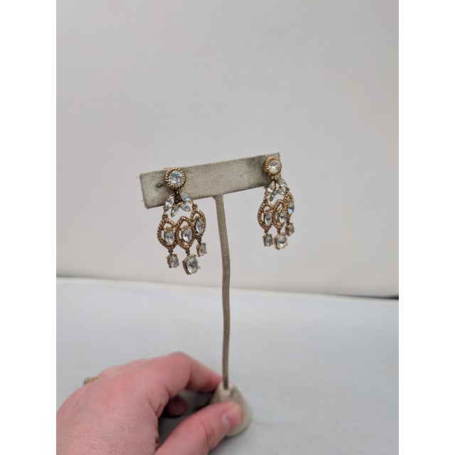 Metal Vintage 1950s Signed Crown Trifari Clear Rhinestone Chandelier Clip Earrings- 2 Pieces For Sale - Image 7 of 7