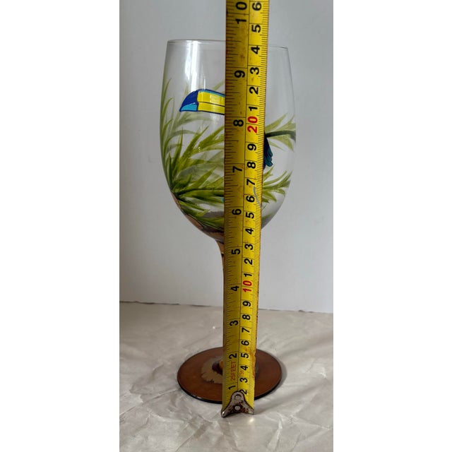 Late 20th Century Set of Seven Hand-Painted Tropical Toucan Wine Glasses With Amber Stems. Coastal Tropical Entertaining For Sale - Image 9 of 9