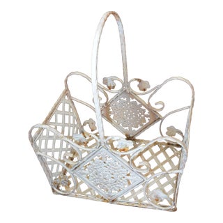 Vintage Victorian French Style White Iron / Lattice Rectangle Basket W/ Leaves/Tiles & Fixed Handle For Sale