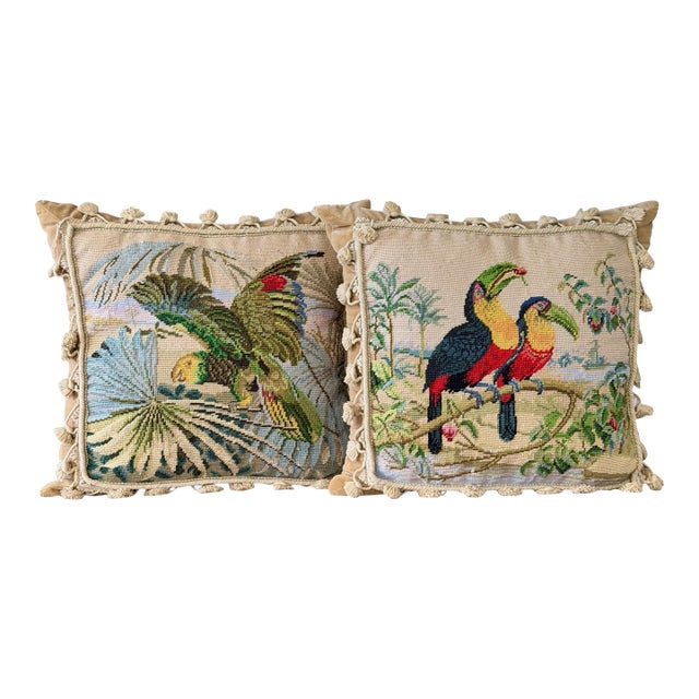 Vintage Tropical Bird Needlepoint Pillows With Tassel Trim Velvet Back-Pair For Sale