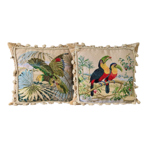 Vintage Tropical Bird Needlepoint Pillows With Tassel Trim Velvet Back-Pair