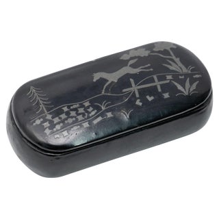 Vintage Horse Jumping Scene Enamel Black Lacquer Box For Sale