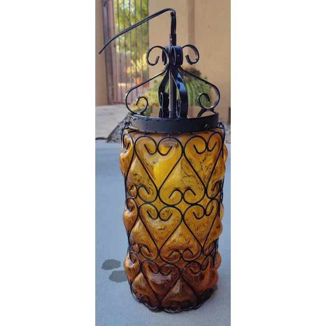 Mid Century Caged Blown Amber Bubble Crackle Glass Pendant Light Fixture Lantern Hall Light For Sale - Image 4 of 12