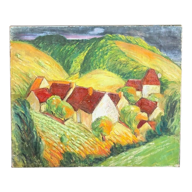 Early French Painting - Red Roofs Amongst the Hills - Signed For Sale