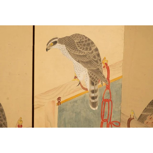 Pair Antique Japanese Edo Falcon Hawk Birds of Prey Takagari Screens 1880 For Sale - Image 15 of 18