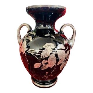 1910s Large Antique Art Nouveau Black Amethyst Glass Silver Overlay Butterfly Vase For Sale
