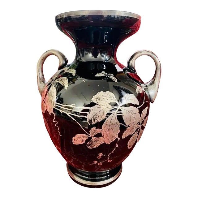 1910s Large Antique Art Nouveau Black Amethyst Glass Silver Overlay Butterfly Vase For Sale
