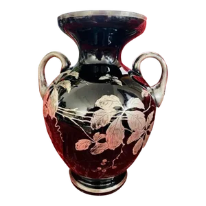 1910s Large Antique Art Nouveau Black Amethyst Glass Silver Overlay Butterfly Vase