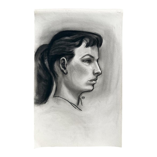 Black and White Charcoal Portrait Drawing of a Woman With Ponytail - Signed For Sale