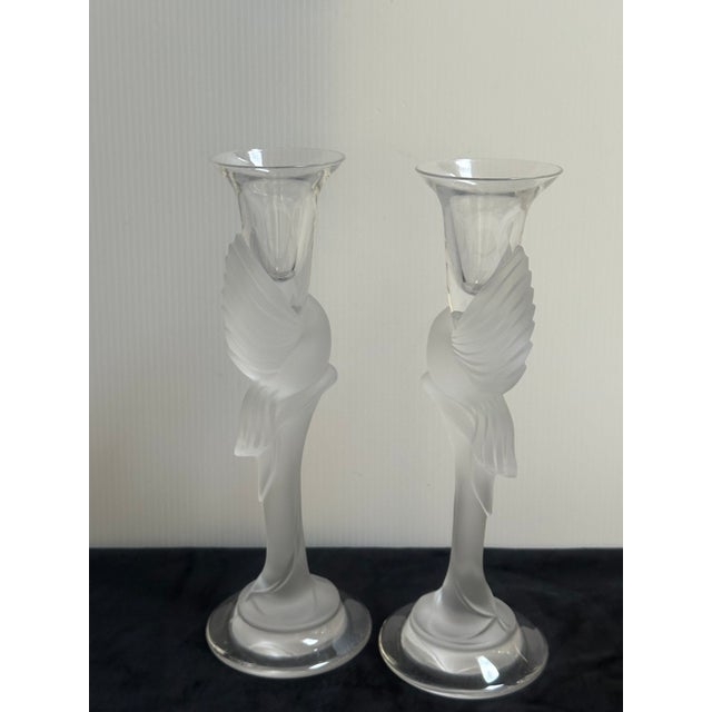 Pair of Frosted Crystal Snow Kissing Doves Candlesticks Sign Igor Carl Faberge for the House of Faberge Made in France For Sale - Image 10 of 18