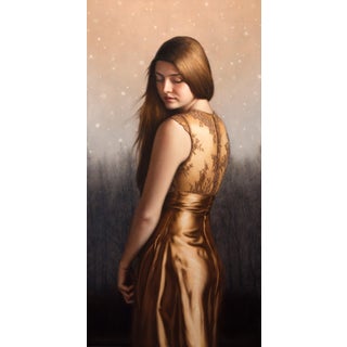 Twilight by Beth Sistrunk | Oil on panel Portrait of a woman in a golden dress with a serene expression. For Sale