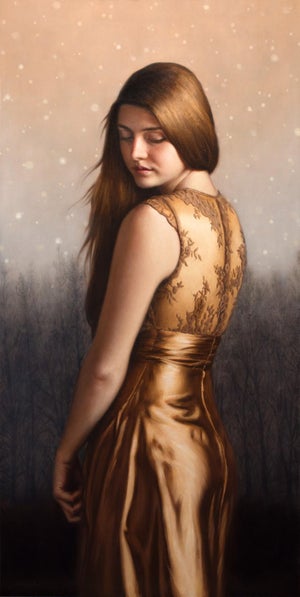 Twilight by Beth Sistrunk | Oil on panel Portrait of a woman in a golden dress with a serene expression.