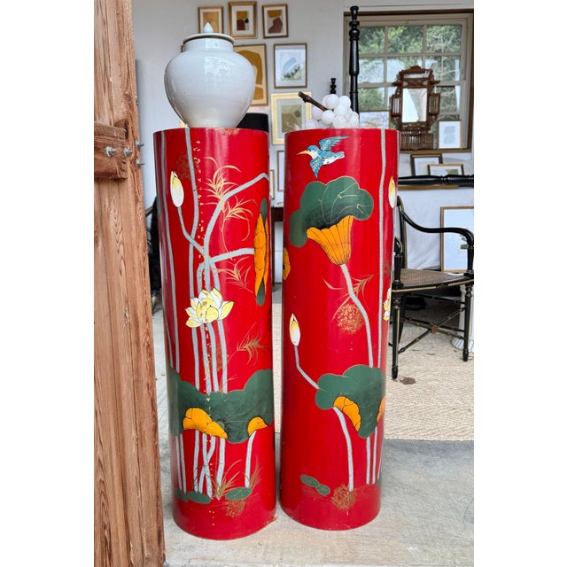 Gorgeous and unusual red lacquered vintage pedestals. Wood material Painted with water flowers and birds. Crackling in the...