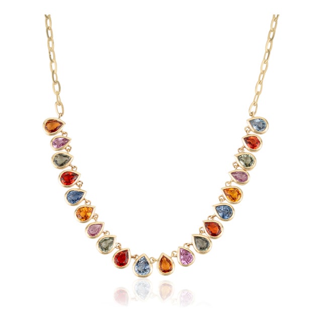 Bezel Set 7.13ct Rainbow Sapphire Contemporary Necklace in 14k Gold For Sale