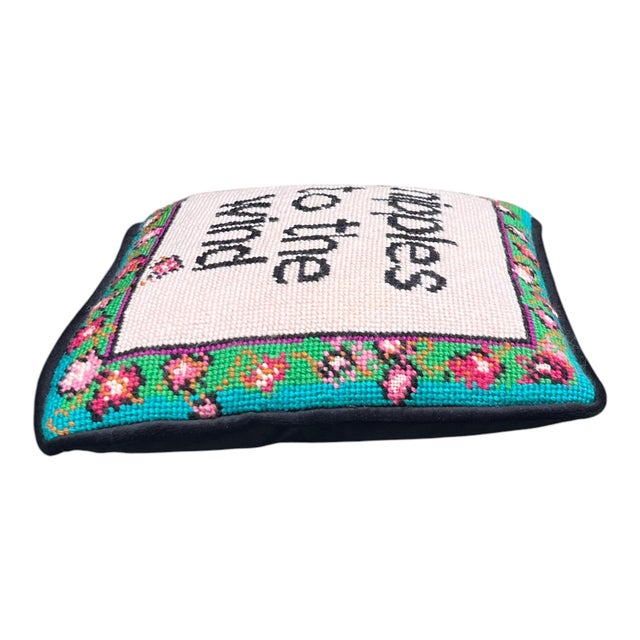 Contemporary Hand-Embroidered Needlepoint "Nipples to the Wind" One of a Kind Original Pillow For Sale - Image 3 of 4
