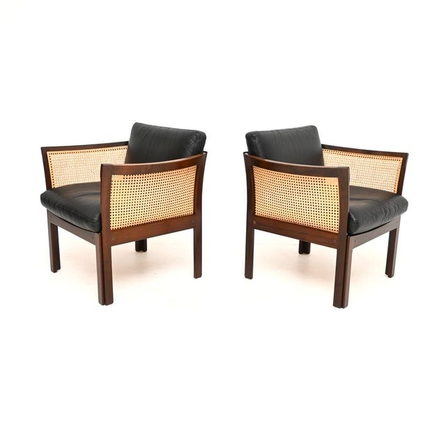 Mid-Century Modern Vintage Danish Leather and Cane Chairs by Illum Wikkelso for CFC Silkeborg, 1960, Set of 2 For Sale - Image 3 of 11