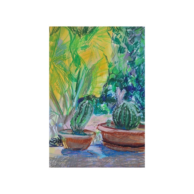 About the painting: this vibrant artwork captures the lush essence of a sunlit garden corner, where two potted cacti bask...