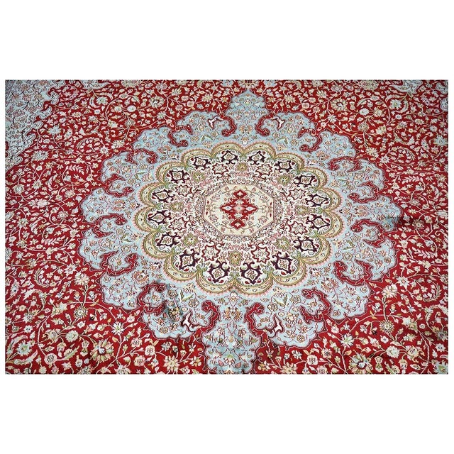 Vintage Kashmiri Tabriz Silk 9x12 Red, Ivory & Light Blue Handmade Area Rug #1144057 For Sale - Image 12 of 15