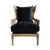 Solid carved oak wood wingback frame chair with rich deep indigo/navy upholstered poly down fill cushions. Seat height is...