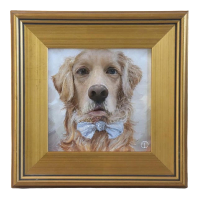 Golden Retriever Dog Puppy Portrait Painting Including the Antiqued Gold Frame For Sale