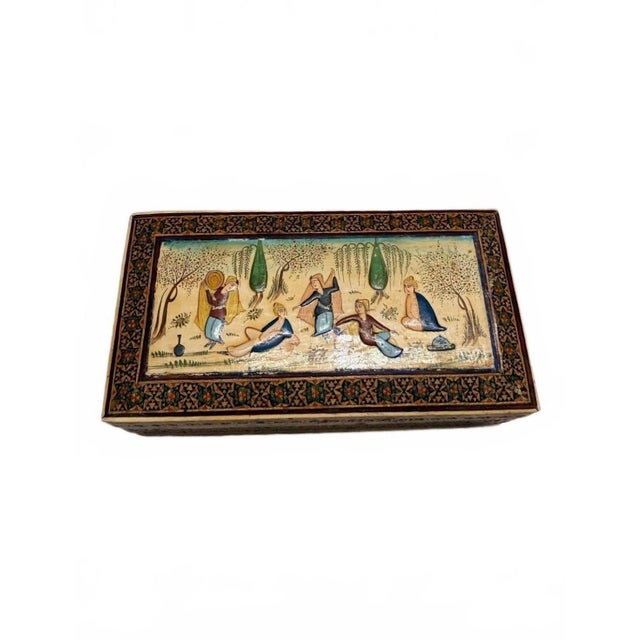 Camel Mid-Century Persian Khatam Kari Inlaid Marquetry Cigarette Box With Hand-Painted Miniature Scene For Sale - Image 8 of 9
