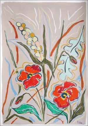 2025, Abstract vs Figurative, Wheat and Poppies, Acrylic Paint on Watercolor Paper by Romina Milano
