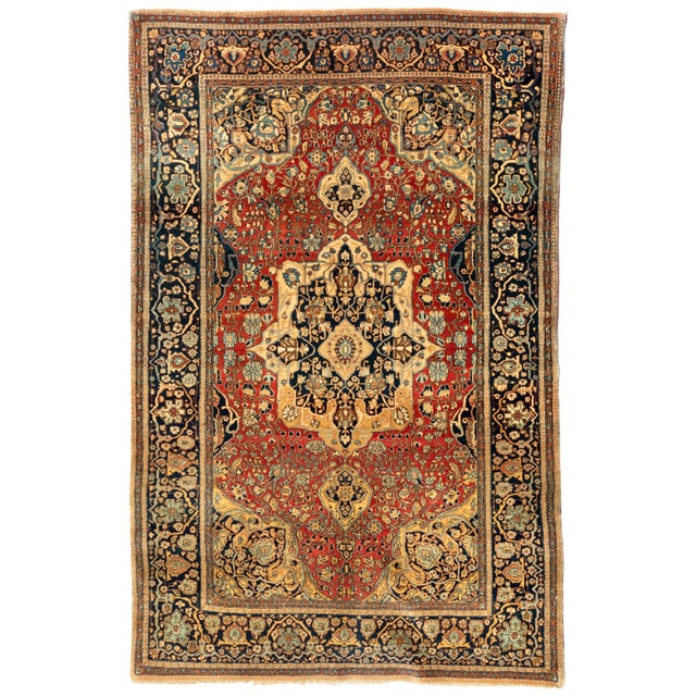 Late 19th Century Antique Persian Red Light Blue Navy Blue Floral Mohtasham Kashan Rug circa 1880s For Sale - Image 5 of 5