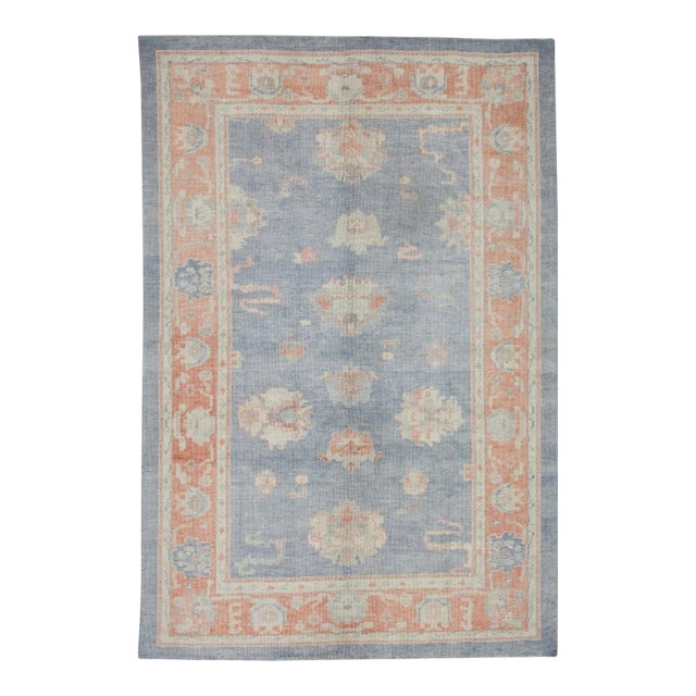 Early 21st Century Handwoven Wool Turkish Oushak Rug in Red & Blue Floral Design 6'3" X 9'2" For Sale