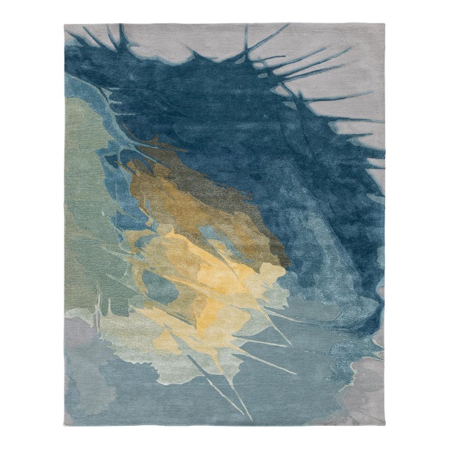 Abstract Cosmic Splash Modern Hand-Tufted Wool Area Rug – Blue, Gold, & Grey For Sale