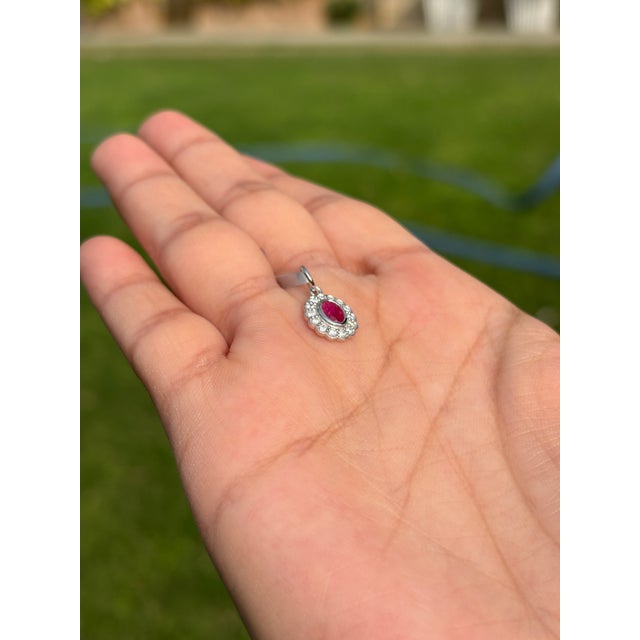 Victorian-Inspired Red Ruby & Diamond Halo Charm Pendant in 14k White Gold For Sale - Image 9 of 15