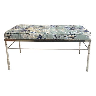 1980s Faux Bamboo Bench With Chinoiserie Upholstery For Sale