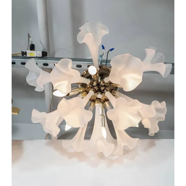 Handblown Flush Mount Murano Chandelier in Brass with Frosted Glass Flowers For Sale In New York - Image 6 of 9