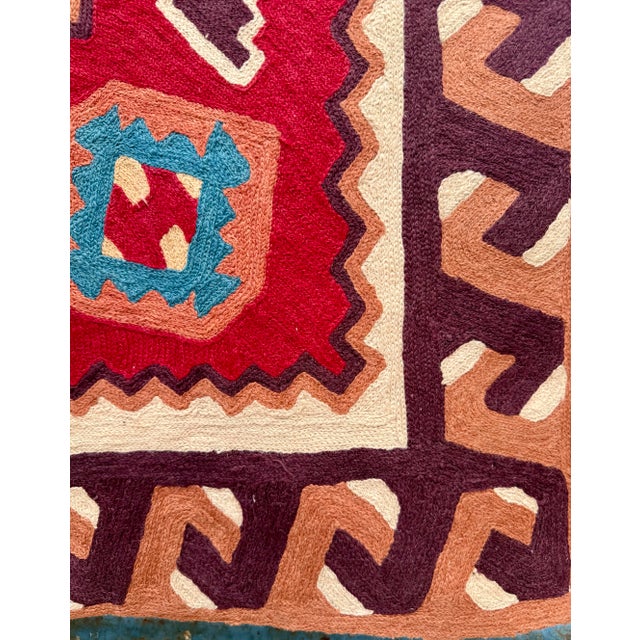 Indian Vintage Indian Wool Chain Stitch Tapestry With Tribal Kilim Design, 4' × 6' For Sale - Image 3 of 12